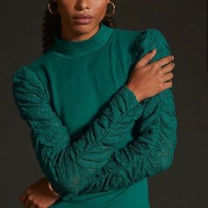Maeve by Anthropologie Green Shirt with Lace Detail Sleeves